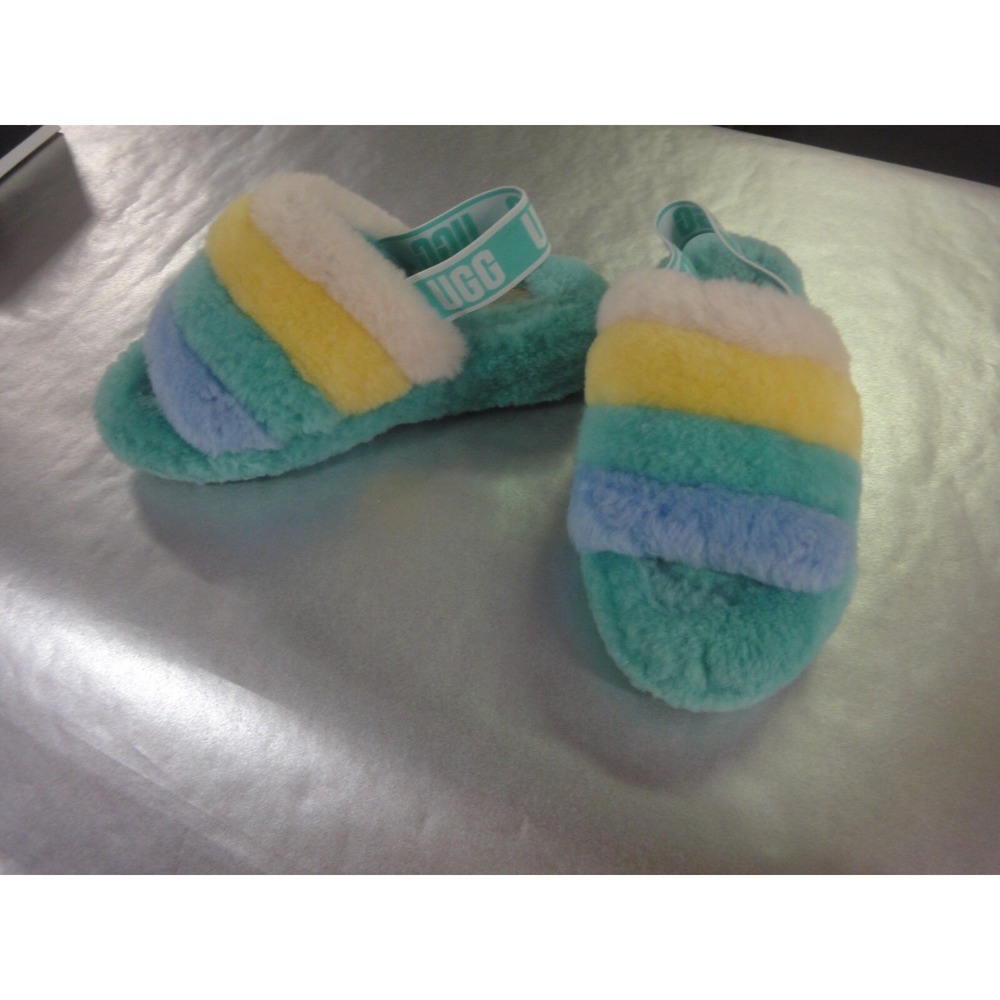 womens UGG Fluff fluffy multicolor slippers slide on‎ heel strap size 8